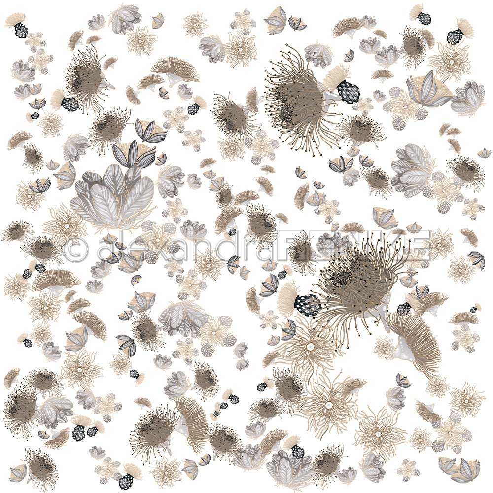 Zartes beige-braunes Blumenmuster mit abstrakten Blüten, Blütenblättern und Blättern im Eukalyptusblüten-Design auf weißem Bucheinbandpapier für kreatives Buchbinden von Alexandra Renke.
