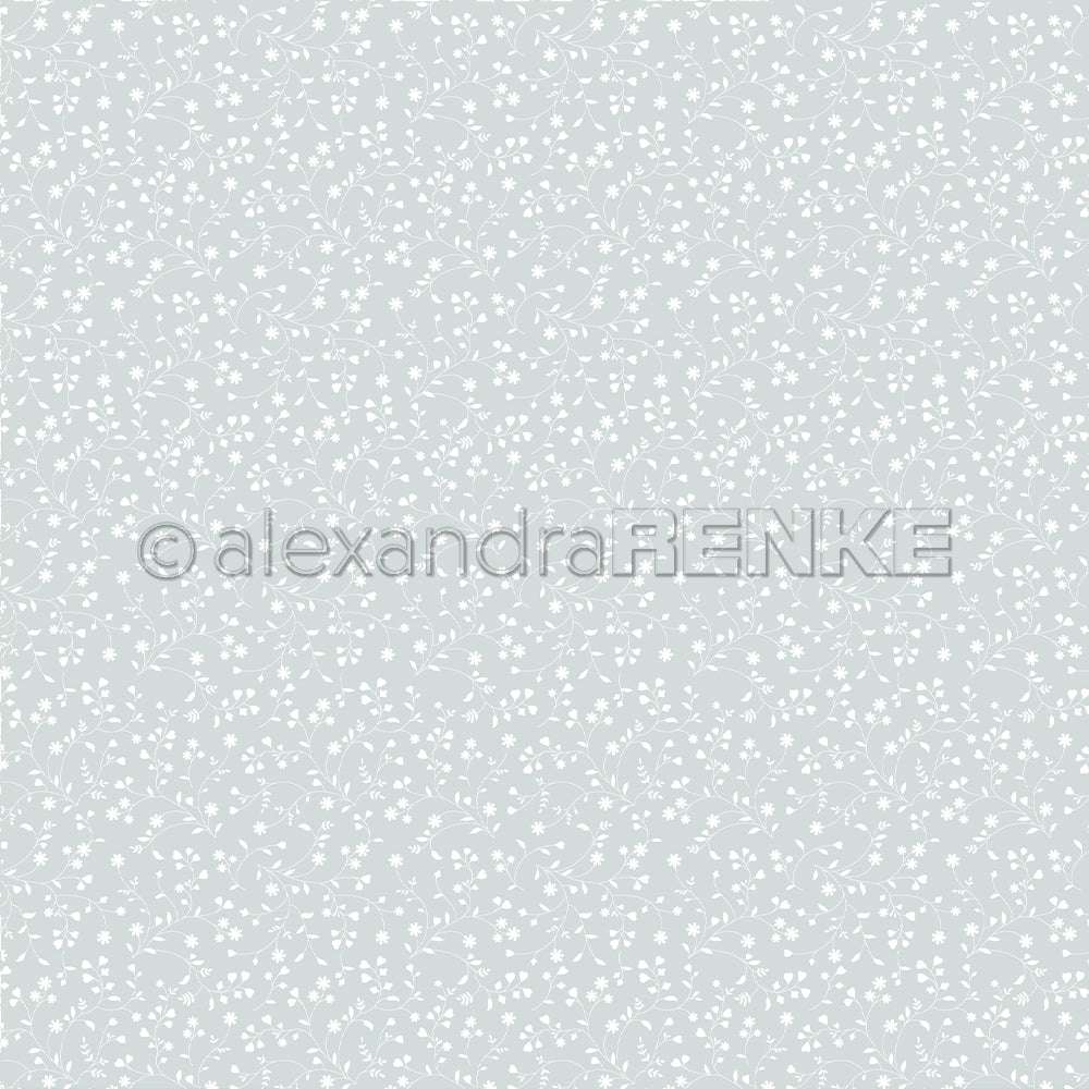 Hellblaues Alexandra Renke Bucheinbandpapier mit zartem weißen Blumenmuster und Wasserzeichentext @alexandraRENKE.