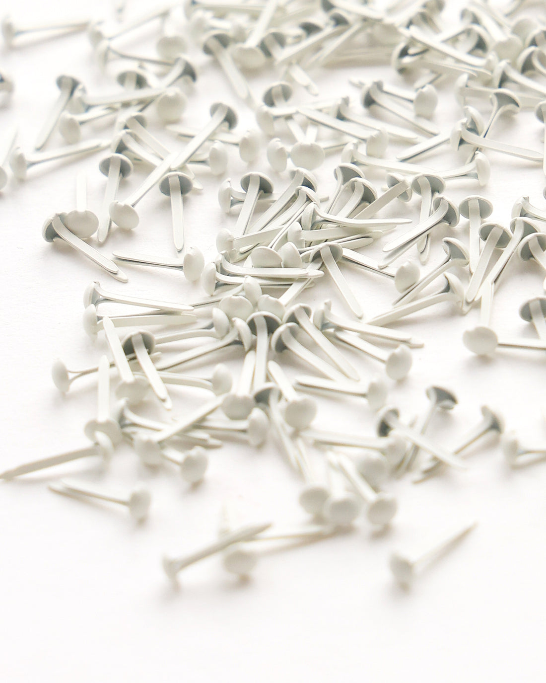 Ein verstreuter Haufen von silbernen Metall-Papierverschlüssen auf einer weißen Fläche.