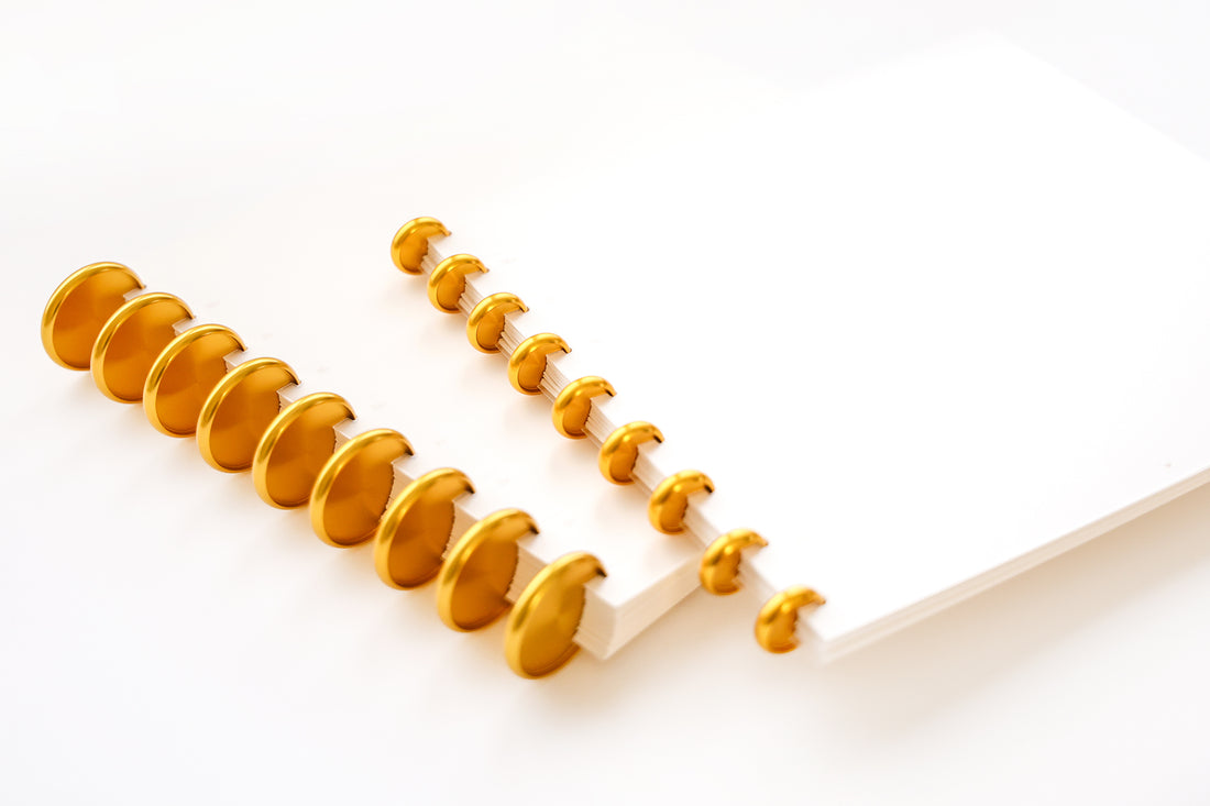 Aufgeschlagenes Notizbuch mit goldenen Metallscheiben auf dem Buchrücken, angeordnet von der größten zur kleinsten, auf weißem Hintergrund.