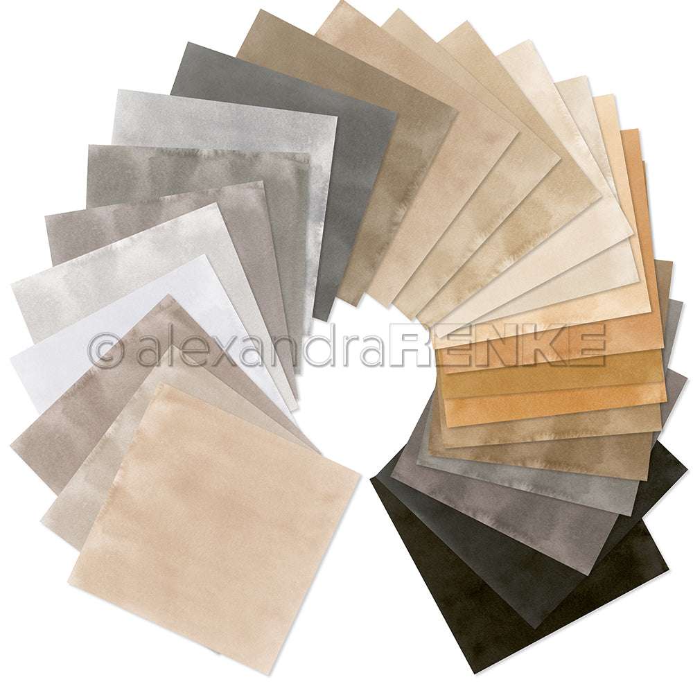 Ein Fächer quadratischer Designpapierbögen von Alexandra Renke in verschiedenen Neutral- und Erdtönen, die in einem kreisförmigen Muster angeordnet sind - perfekt, um die Kreativität anzuregen.