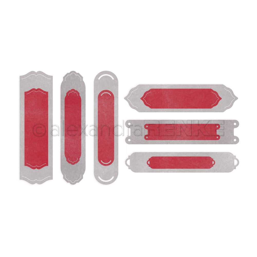 Sechs rote und graue Blanko-Etiketten im Vintage-Stil von Alexandra Renke mit dekorativen Formen und Rändern auf weißem Hintergrund - ideal, um Ihre Kollektionen oder Etikettenbündel kreativ zu gestalten.