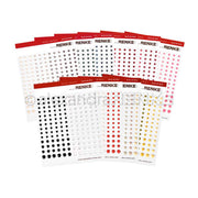 Neun Blätter aus der Kollektion farbiger Klebeperlen von Alexandra Renke sind auf weißem Hintergrund schön aufgefächert - perfekt, um die Kreativität bei Ihrem nächsten Projekt zu entfachen.