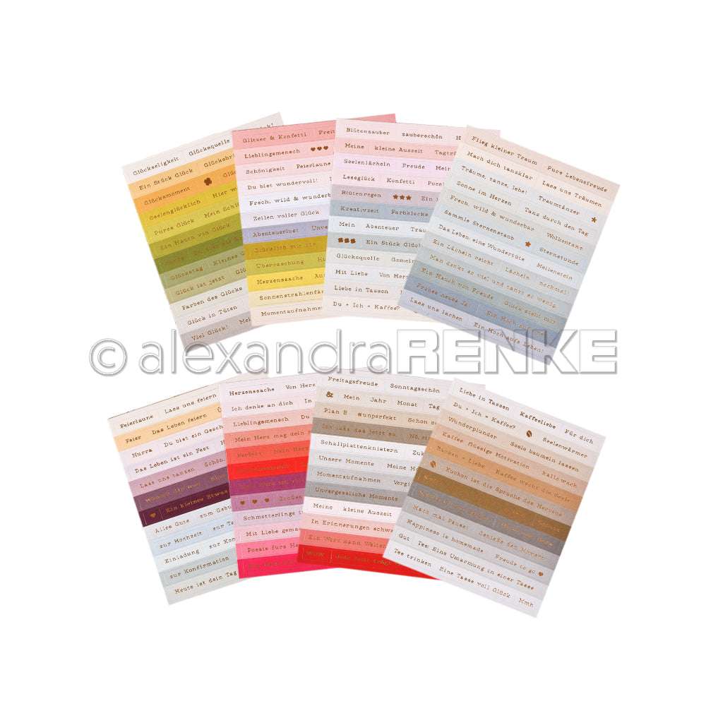 Zehn farbenfrohe Blätter von Alexandra Renke mit deutschen Wörtern und Redewendungen, die im Halbkreis auf weißem Hintergrund angeordnet sind, regen die Kreativität an.
