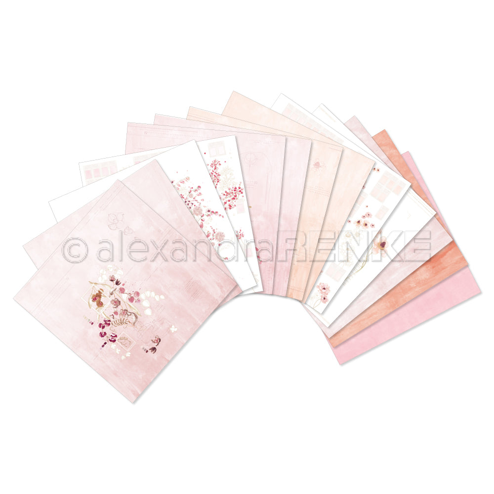Ein aufgefächertes Set aus pastellfarbenen Papierbögen mit floralen und abstrakten Motiven von Alexandra Renke - perfekt als Inspiration für Ihr nächstes Kreativitäts-Bundle oder kreative Kollektionen.