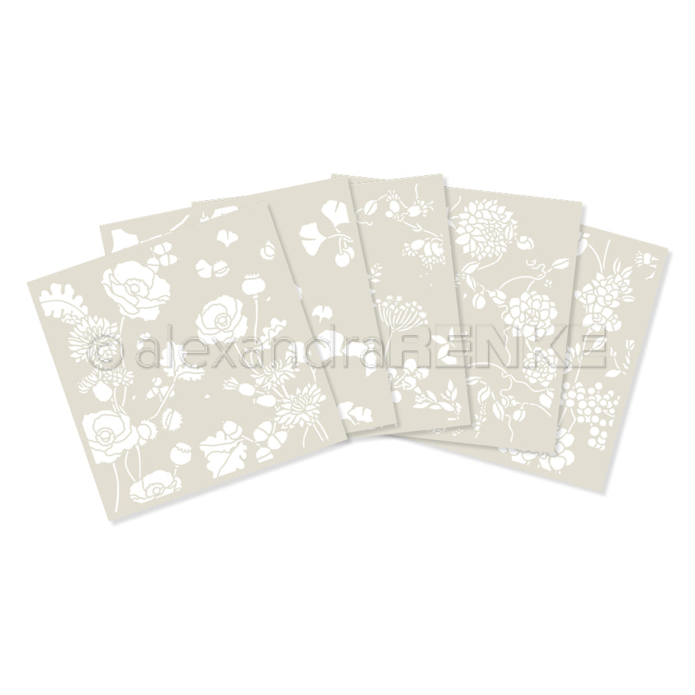 Fünf beigefarbene Blätter mit weißen Blumenmustern von Alexandra Renke, aufgefächert - ideal, um Ihr nächstes Kreativitätsbündel zu inspirieren oder Ihre Kollektionen aufzuwerten.