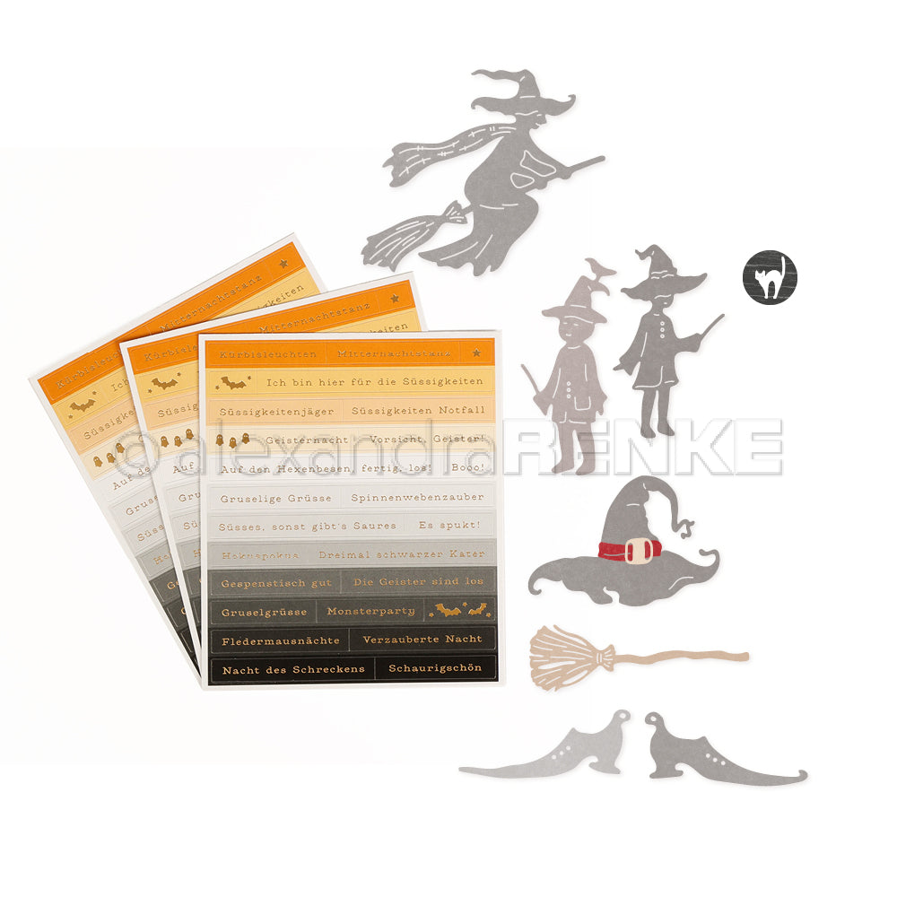 Halloween-Deko-Tipp: Gestanzte Metallformen von Hexen, Hüten und Besen von Alexandra Renke - kombiniert mit deutschen Halloween-Kollektionen an Stickern und Labels.