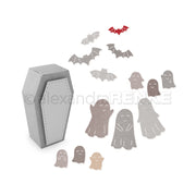 Papiergespenster, Fledermäuse und eine Schachtel in Sargform von Alexandra Renke auf weißem Hintergrund - Dekorationen zum Thema Halloween, perfekt für Ihr nächstes Kreativitäts-Bundle oder als Inspiration für festliche Kollektionen.