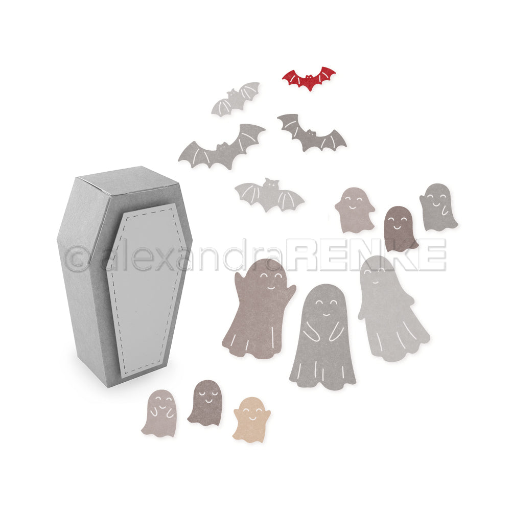 Papiergespenster, Fledermäuse und eine Schachtel in Sargform von Alexandra Renke auf weißem Hintergrund - Dekorationen zum Thema Halloween, perfekt für Ihr nächstes Kreativitäts-Bundle oder als Inspiration für festliche Kollektionen.