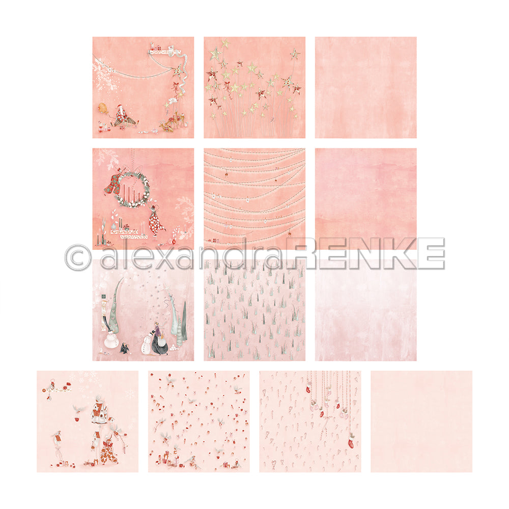 Zwölf rosafarbene, quadratische Papiere von Alexandra Renke mit weihnachtlichen Motiven - Sterne, Bäume und festliche Figuren - ideal für Ihr Kreativitäts-Bundle oder saisonale Bastelinspiration.