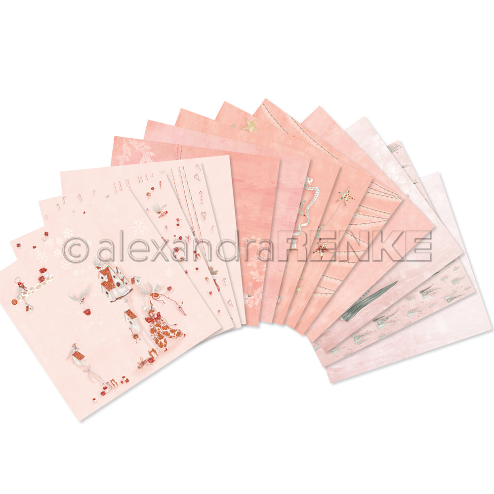 Zehn Bögen rosafarbenes Dekopapier von Alexandra Renke mit festlichen Sternen, Geschenken und Rentiermustern regen die Kreativität in Ihren Weihnachtskollektionen an.
