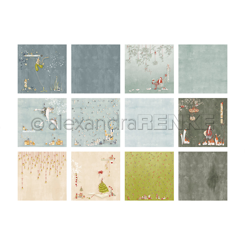 Zwölf quadratische Scrapbook-Papiere von Alexandra Renke mit skurrilen weihnachtlichen und winterlichen Illustrationen in Pastell- und Erdtönen - ideal für Bundles oder Kollektionen, um Ihre Kreativität zu beflügeln.