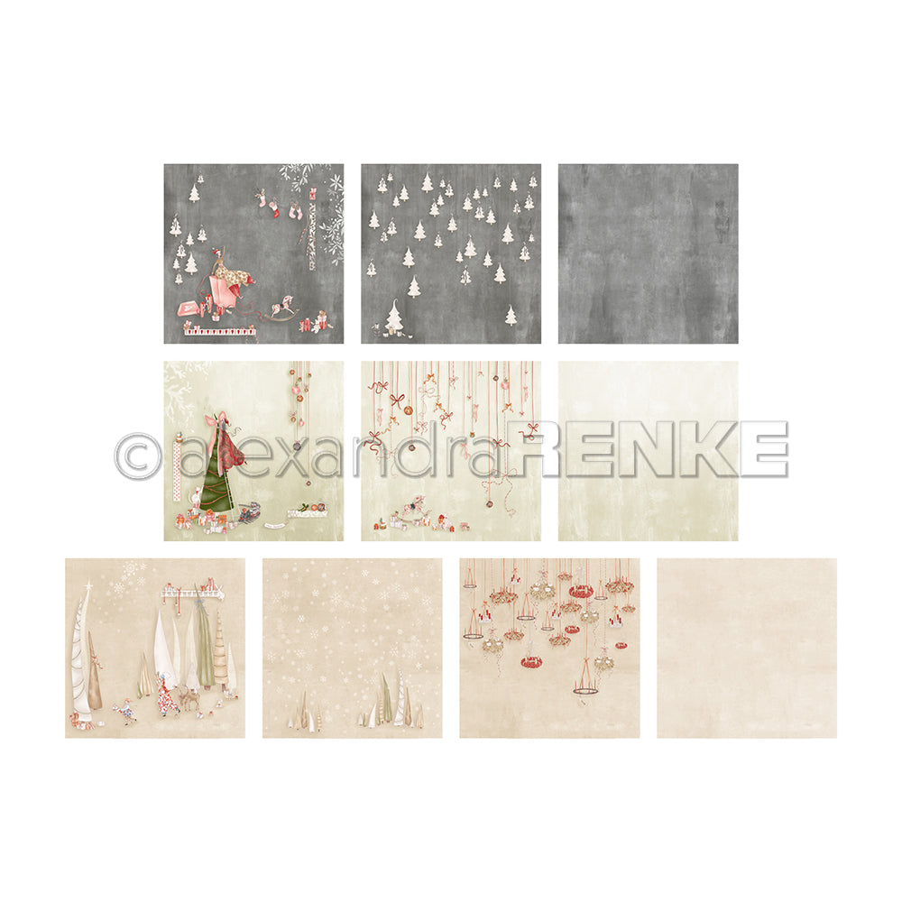 Zehn quadratische Festtagspapiere von Alexandra Renke mit skurrilen Wald- und Wintermotiven in sanften, gedeckten Farben - perfekt, um die Kreativität bei Ihren saisonalen Projekten anzuregen.