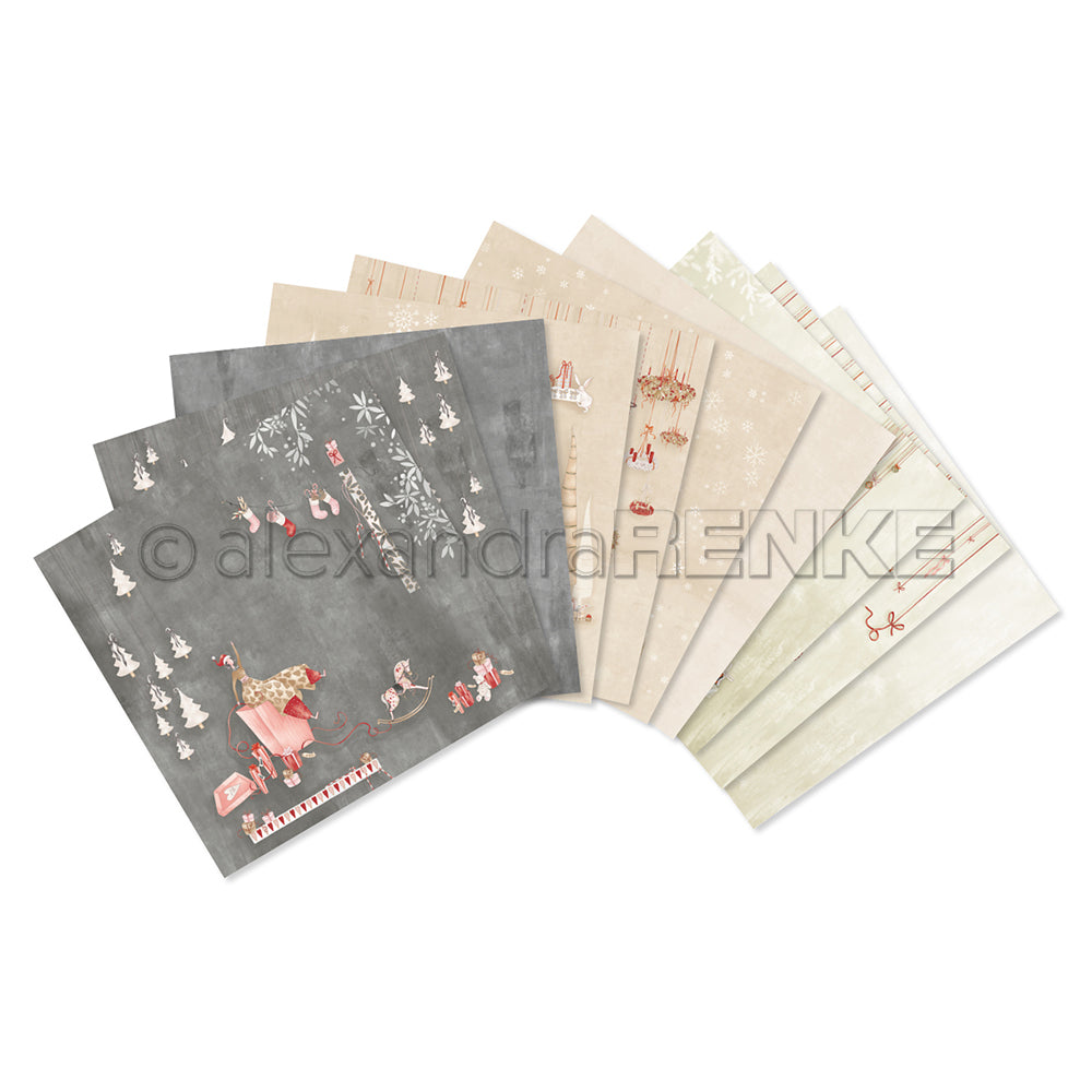 Ein Set mit weihnachtlichen Scrapbook-Papieren von Alexandra Renke, wunderschön aufgefächert - perfekt für festliche Inspiration und kreative Projekte.
