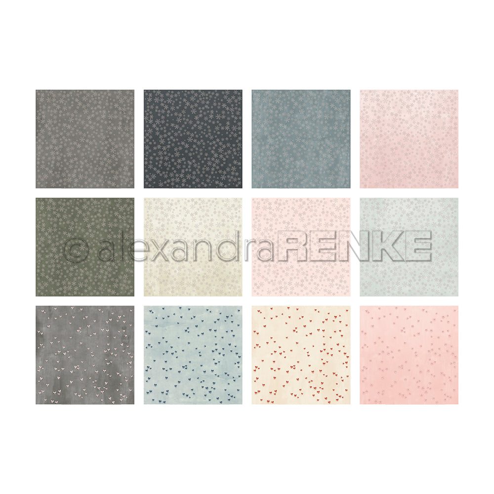 Zwölf quadratisch gemusterte Papiere von Alexandra Renke in gedeckten Farben mit zarten Blumen- oder Herzmotiven - perfekt als Inspiration für Ihr nächstes Kreativitäts-Bundle oder zur Aufwertung Ihrer Kollektionen.