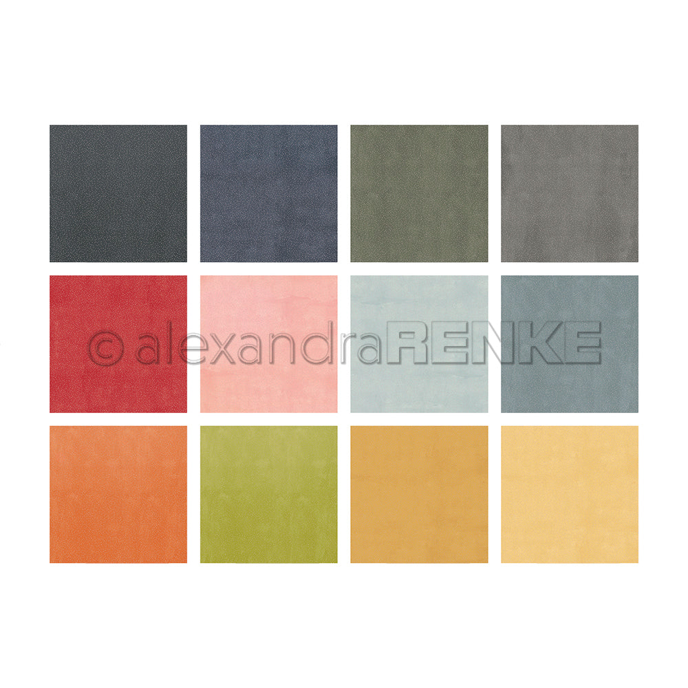Zwölf farbige Quadrate, die in einem Raster angeordnet sind, jedes in einem anderen einfarbigen Farbton mit Textur - perfekt zur Inspiration oder als Ergänzung zu Ihren Alexandra Renke Kreativitäts-Bundle Kollektionen.