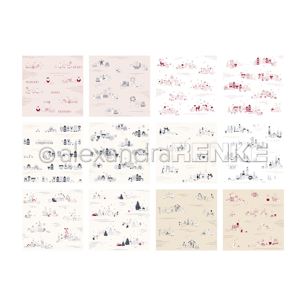Ein Raster von fünfzehn illustrierten Blättern von Alexandra Renke mit winterlichen und weihnachtlichen Motiven in sanften Pastellfarben - perfekt, um die Kreativität anzuregen oder Ihre festliche Sammlung zu bereichern.