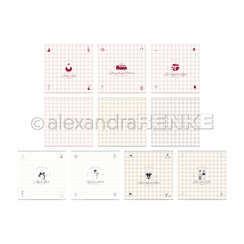 Zehn gemusterte, quadratische Karten mit kleinen Icons und Text von Alexandra Renke, angeordnet in zwei Reihen auf weißem Hintergrund - ideal für Kreativpakete oder diverse Sammlungen.