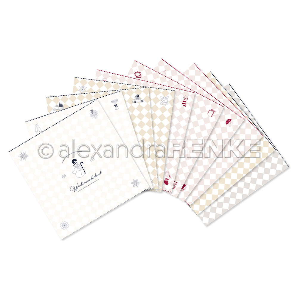 Ein Satz gemusterter Papierbögen von Alexandra Renke in sanften Farben mit kleinen winterlichen Motiven, aufgefächert auf dem Display - perfekt, um die Kreativität anzuregen und Ihre nächsten Bastelkollektionen zu inspirieren.