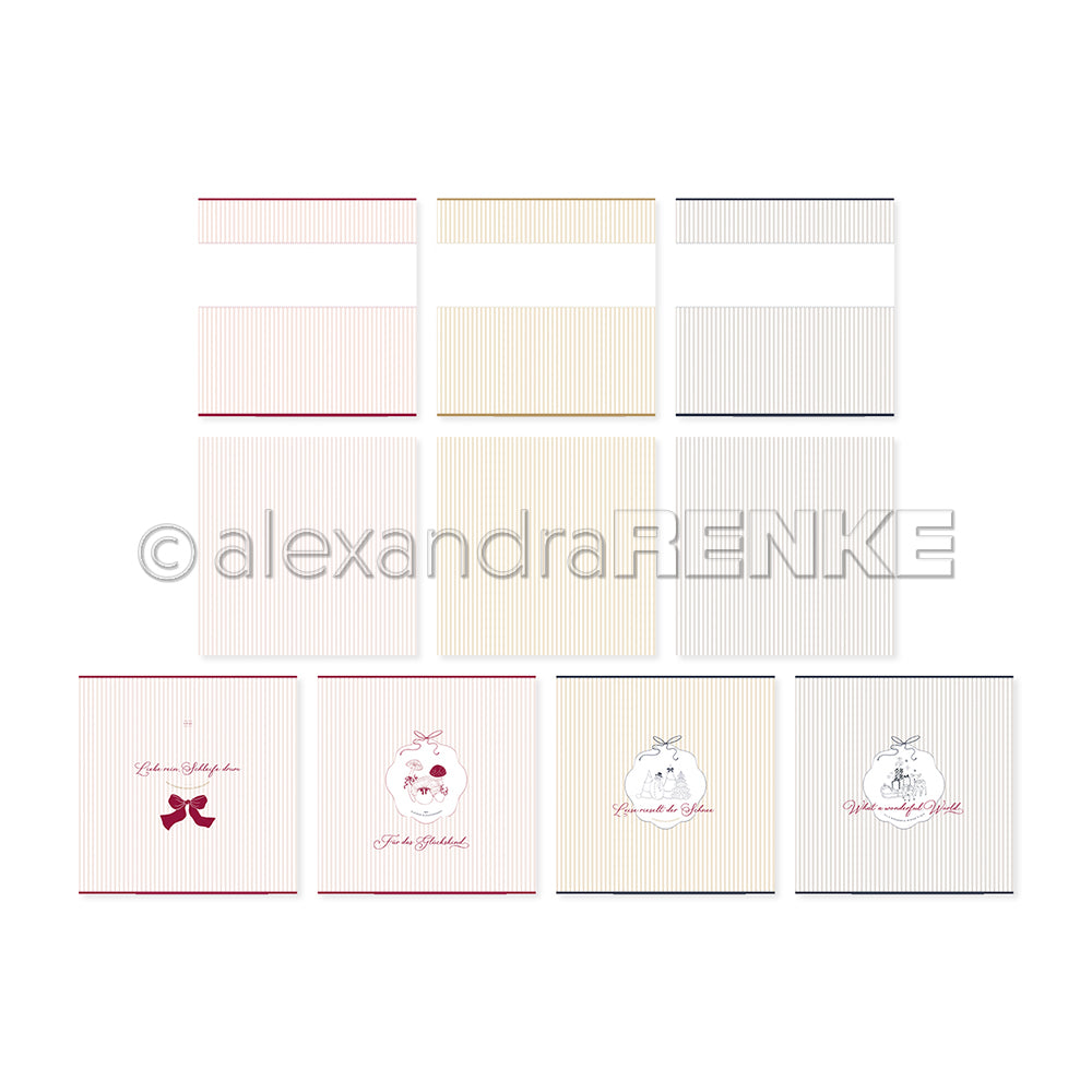 Zwölf quadratische Karten von Alexandra Renke mit gestreiften Mustern und vier mit dekorativen Früchten, deutsche Textmotive am unteren Rand - ideal für Bündel oder Sammlungen, um Ihre Kreativität anzuregen.