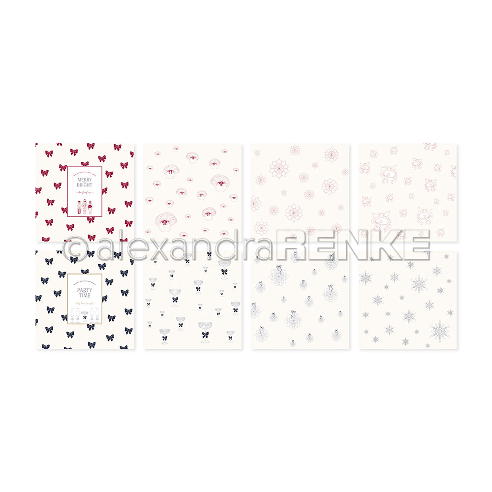 Acht quadratische Bögen von Alexandra Renke mit festlichen Mustern - Bögen, Schneeflocken, Gläser und weihnachtliche Texte in Rot, Schwarz und Grau - ideal für Bündel oder zur kreativen Ergänzung Ihrer saisonalen Kollektionen.