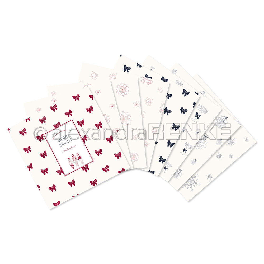 Ein festliches Bündel von sieben Alexandra Renke-Bögen mit roten Schleifen, Schneeflocken und Tannenbaummotiven, die fächerförmig angeordnet sind - ideal, um Ihre Weihnachtssammlung kreativ zu gestalten.