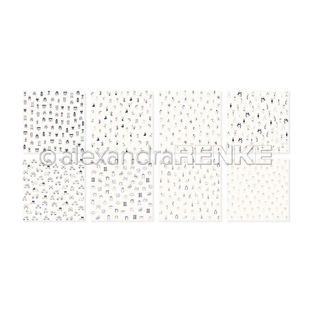 Acht weiße Blätter von Alexandra Renke, jedes mit detaillierten schwarzen Kritzelmustern, angeordnet in zwei Reihen - perfekt für Sammlungen und den Ausdruck Ihrer Kreativität in einzigartigen Bündeln.
