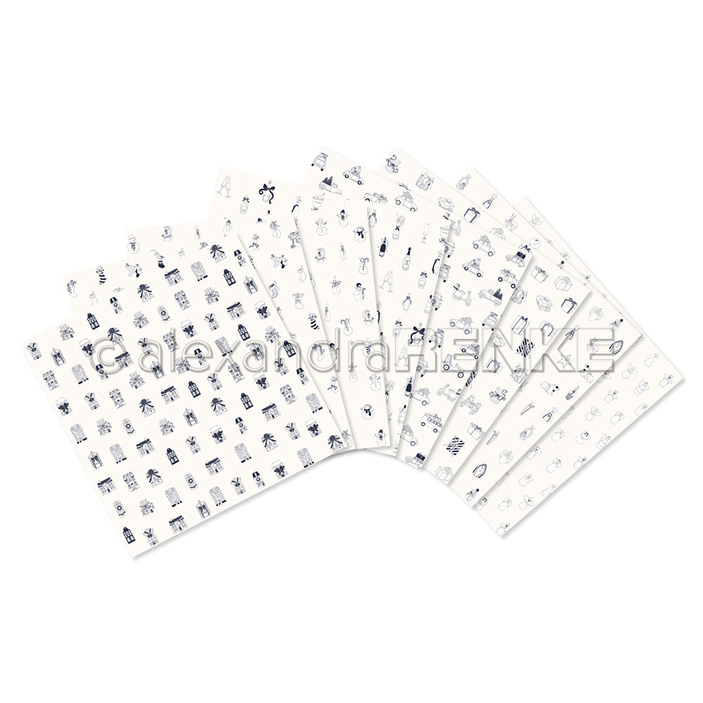 Auf acht weißen Papierbögen von Alexandra Renke sind kleine, schwarz umrandete Cartoon-Tiere und -Objekte gezeichnet - perfekt, um die Kreativität anzuregen oder Ihre Sammlung zu bereichern.