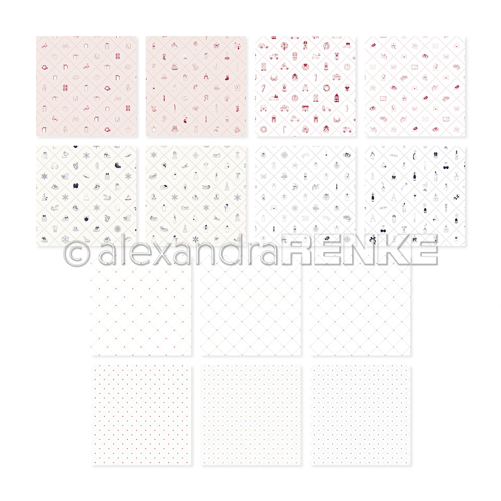 Sechzehn quadratisch gemusterte Papiere von Alexandra Renke mit minimalistischen Symbolen, Punkten und Rastern in zartem Rosa, Weiß und Grau - perfekt, um Ihre Kreativität zu inspirieren.