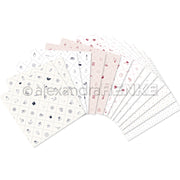 Ein Fächer gemusterter Papierbögen von Alexandra Renke mit kleinen Symbolen in Rot, Blau und Grau auf Weiß - ideal, um Ihre Sammlungen oder Bastelpakete kreativ zu ergänzen.