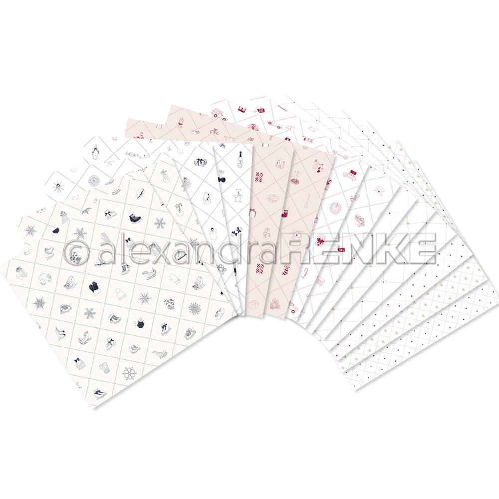 Ein Fächer gemusterter Papierbögen von Alexandra Renke mit kleinen Symbolen in Rot, Blau und Grau auf Weiß - ideal, um Ihre Sammlungen oder Bastelpakete kreativ zu ergänzen.