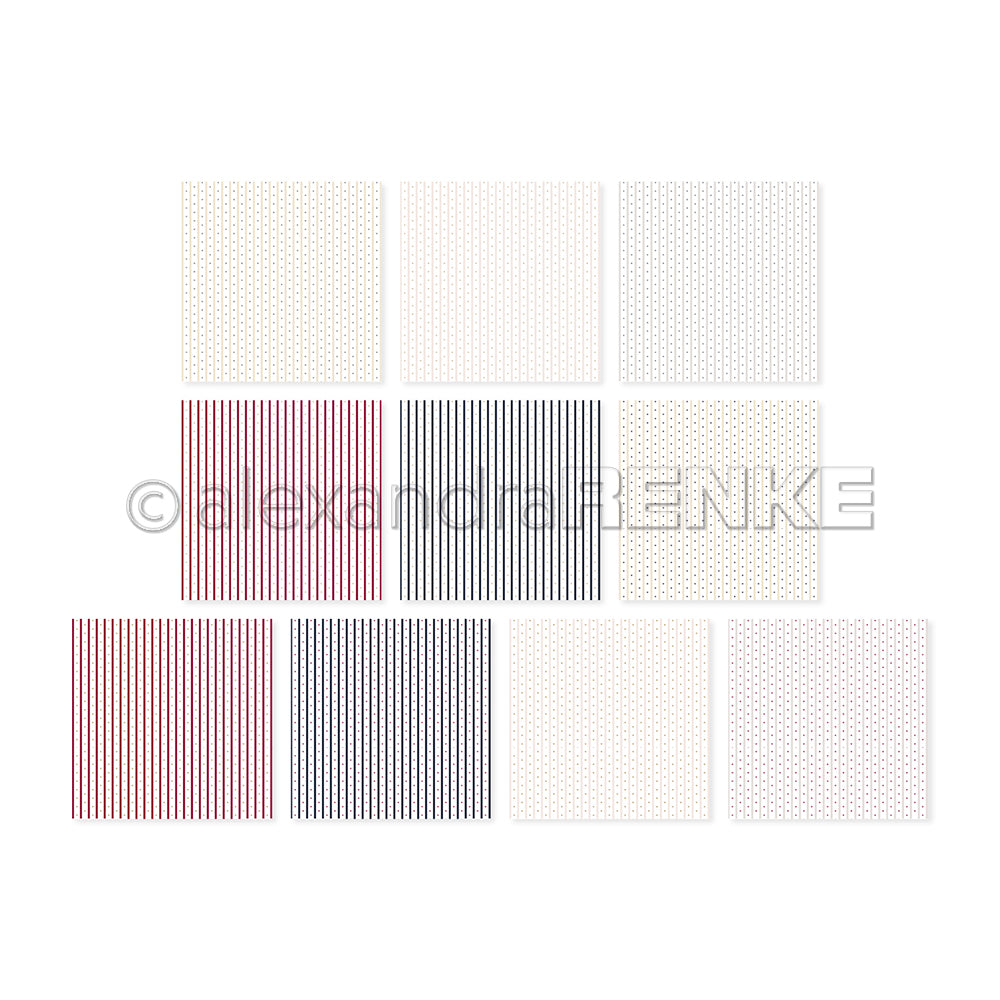 Zehn quadratische Papiere von Alexandra Renke mit einzigartigen Punkt- und Streifenmustern in Rot, Schwarz und Weiß - angeordnet in zwei Reihen. Ideal für Ihr nächstes Kreativitäts-Bundle oder inspirierende neue Kollektionen.