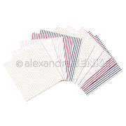 Ein Fächer perforierter Blätter von Alexandra Renke mit roten, schwarzen und blauen vertikalen Linien auf Weiß - ideal für kreative Sammlungen oder zur Inspiration.