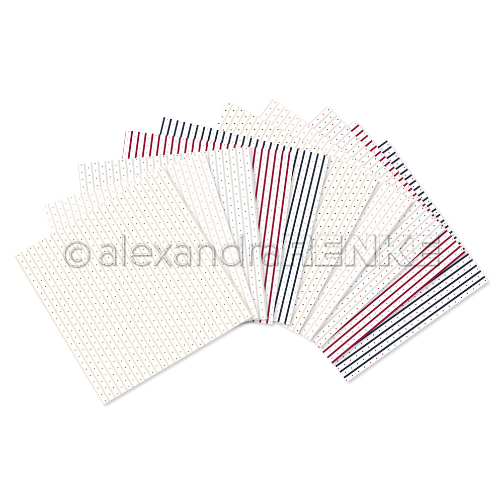 Ein Fächer perforierter Blätter von Alexandra Renke mit roten, schwarzen und blauen vertikalen Linien auf Weiß - ideal für kreative Sammlungen oder zur Inspiration.