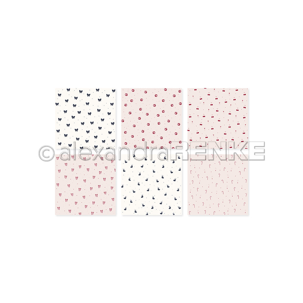 Sechs Bögen gemustertes Papier von Alexandra Renke mit kleinen roten und marineblauen Motiven auf weißem und rosafarbenem Hintergrund - ideal, um jedem Projekt ein kreatives Flair zu verleihen.