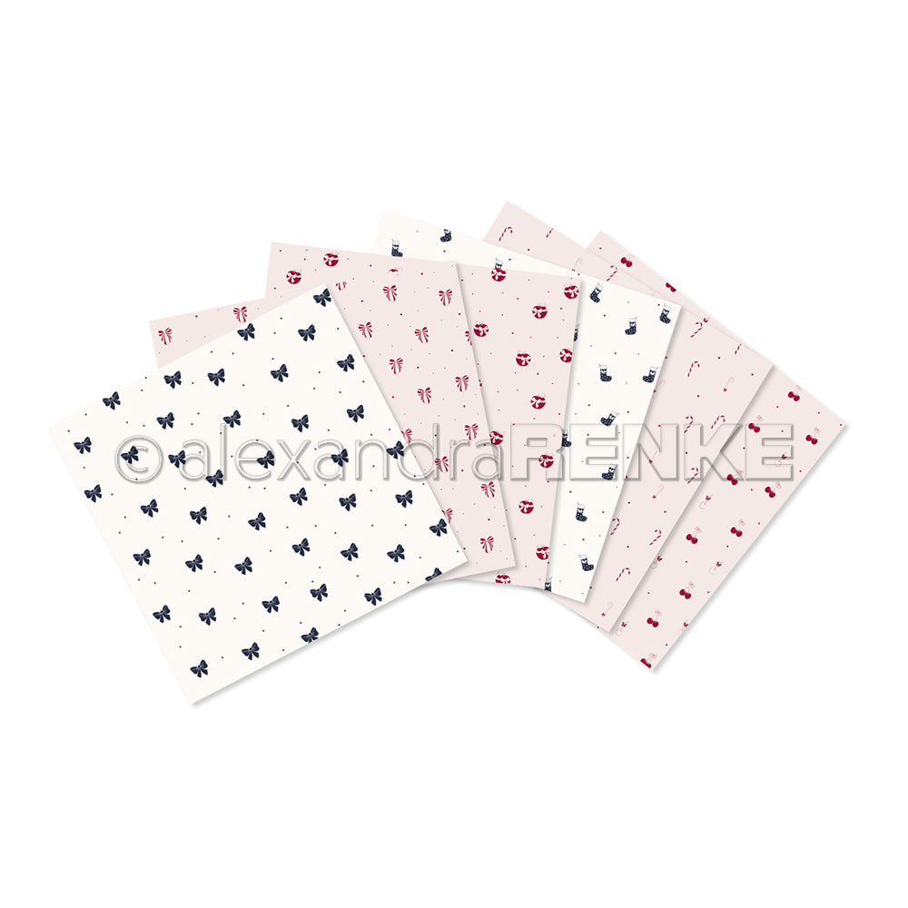 Sieben Bögen gemustertes Papier von Alexandra Renke in Rosa und Weiß mit Schleifen, Cupcakes und Erdbeeren - ideal für kreative Bündel oder Sammlungen, die Ihre Fantasie beflügeln.