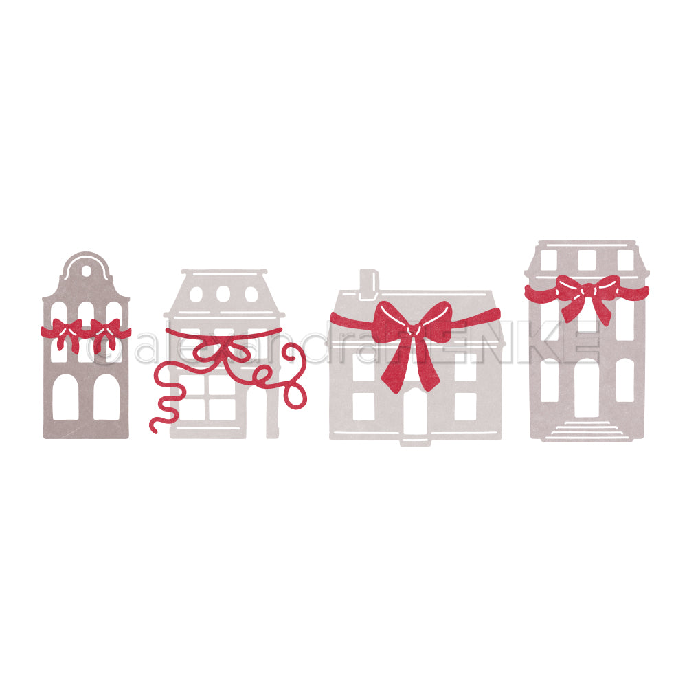 Vier stilisierte Gebäude mit großen roten Schleifen und Bändern auf weißem Hintergrund, perfekt zur Inspiration und zur Förderung der Kreativität. Von Alexandra Renke.