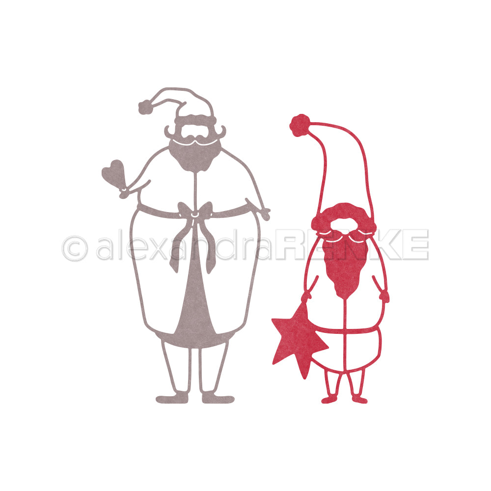 Zwei schlichte, stilisierte Weihnachtsmänner von Alexandra Renke - ein grauer und ein roter, mit langen Mützen und Bärten - eignen sich perfekt, um Ihre Winterpakete oder festlichen Sammlungen kreativ zu gestalten.