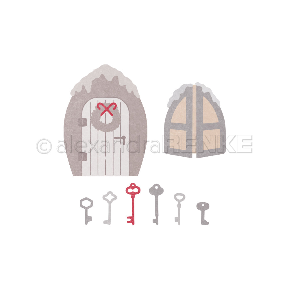 Illustration von verschneiten Holztüren mit einem Kranz und sechs Schlüsseln im Vintage-Stil darunter - perfekt, um Ihr Kreativ-Bundle zu ergänzen. Von Alexandra Renke.