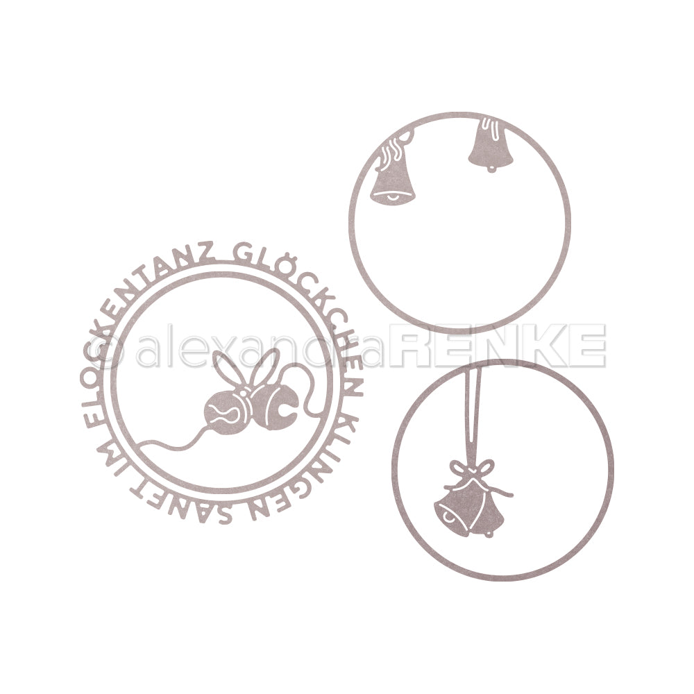 Drei schlichte, handgezeichnete Kreise mit stilisierten Glocken und Schleife; deutsche Textkreise von Alexandra Renke - ideal für kreative Kollektionen oder festliche Bundles.