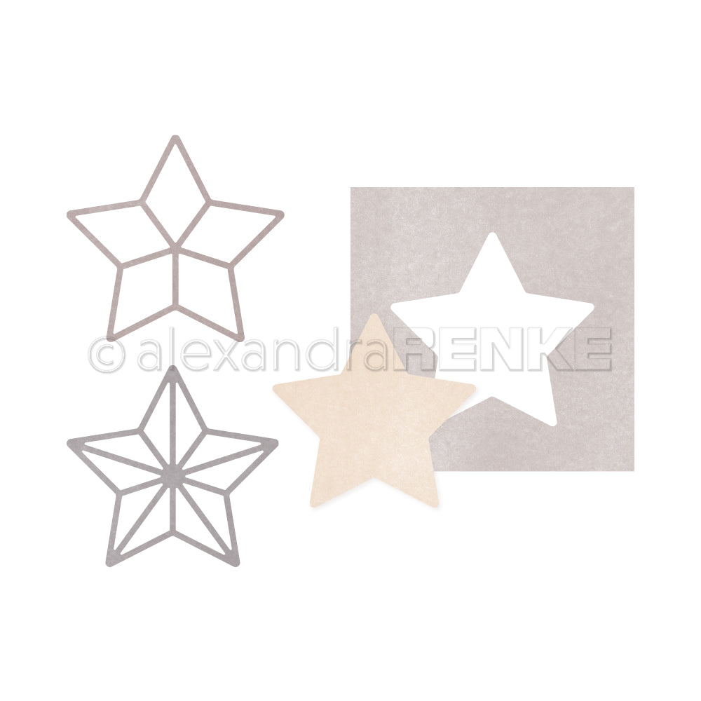 Drei sternförmige Metallstempel, ein ausgestanzter Stern und ein sternförmiges Papierstück von Alexandra Renke auf weißem Hintergrund - ideal zur Inspiration oder um Ihre Kreativität zu steigern - ein Bundle aus unseren Kollektionen.