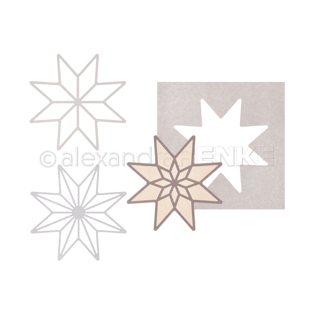 Vier achtzackige Sternformen in verschiedenen Konturen sowie eine quadratische Schablone mit Sternausschnitt auf weißem Untergrund - ideal zur Inspiration oder zur Ergänzung Ihres Kreativitäts-Bundles von Alexandra Renke.