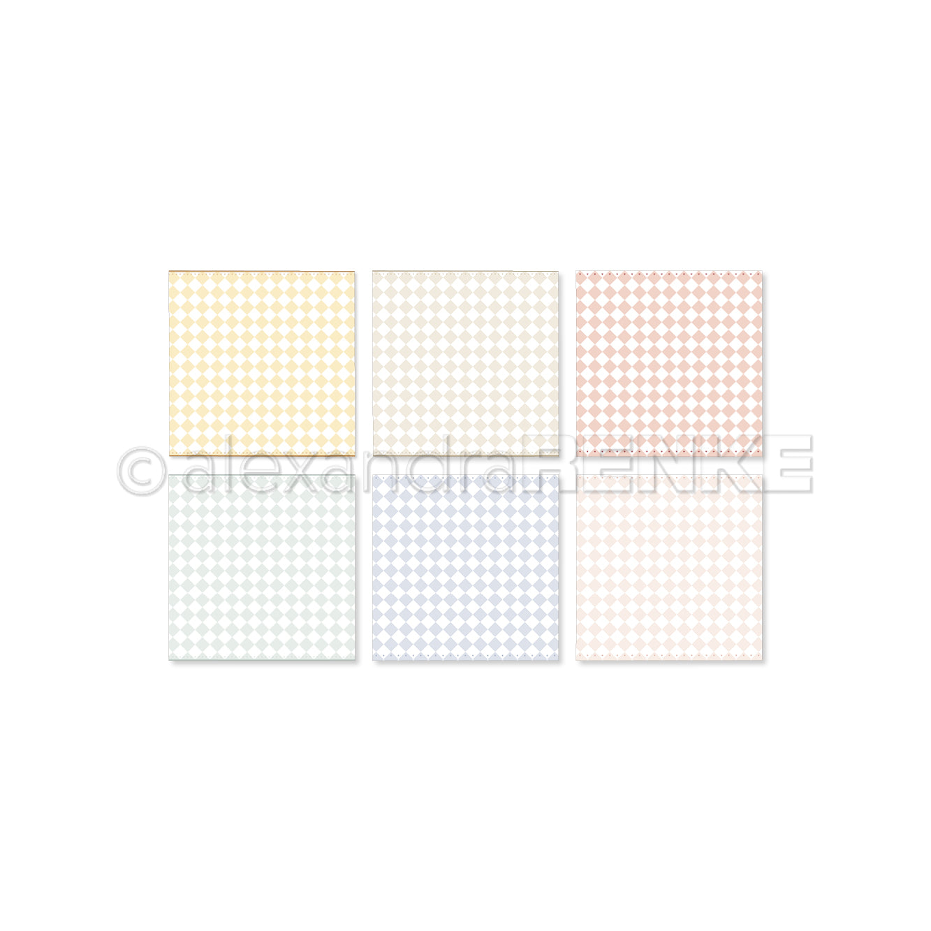Sechs pastellfarbene Quadrate mit weißen Tupfen, die in zwei Reihen auf weißem Hintergrund angeordnet sind, verleihen Alexandra Renke eine kreative Note - perfekt für Sammlungen oder Kunstbündel.