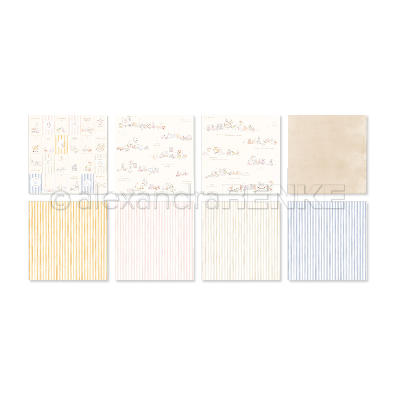 Acht Bögen Dekorationspapier von Alexandra Renke mit pastellfarbenen Streifen und skurrilen Illustrationen, die in zwei Reihen angeordnet sind - die perfekte Inspiration für jedes kreative Projekt.