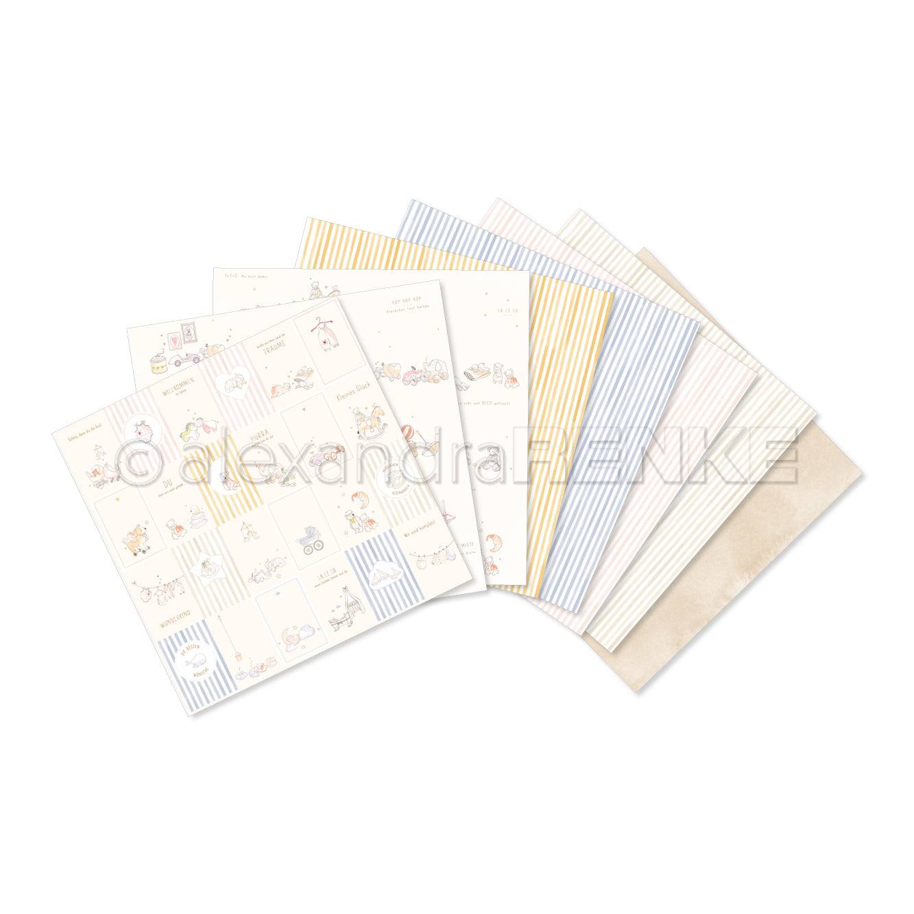 Sechs pastellfarben gemusterte und illustrierte Papierbögen von Alexandra Renke sind auf weißem Hintergrund aufgefächert - ideal für Ihr nächstes Kreativitätsbündel oder einen Funken der Inspiration.
