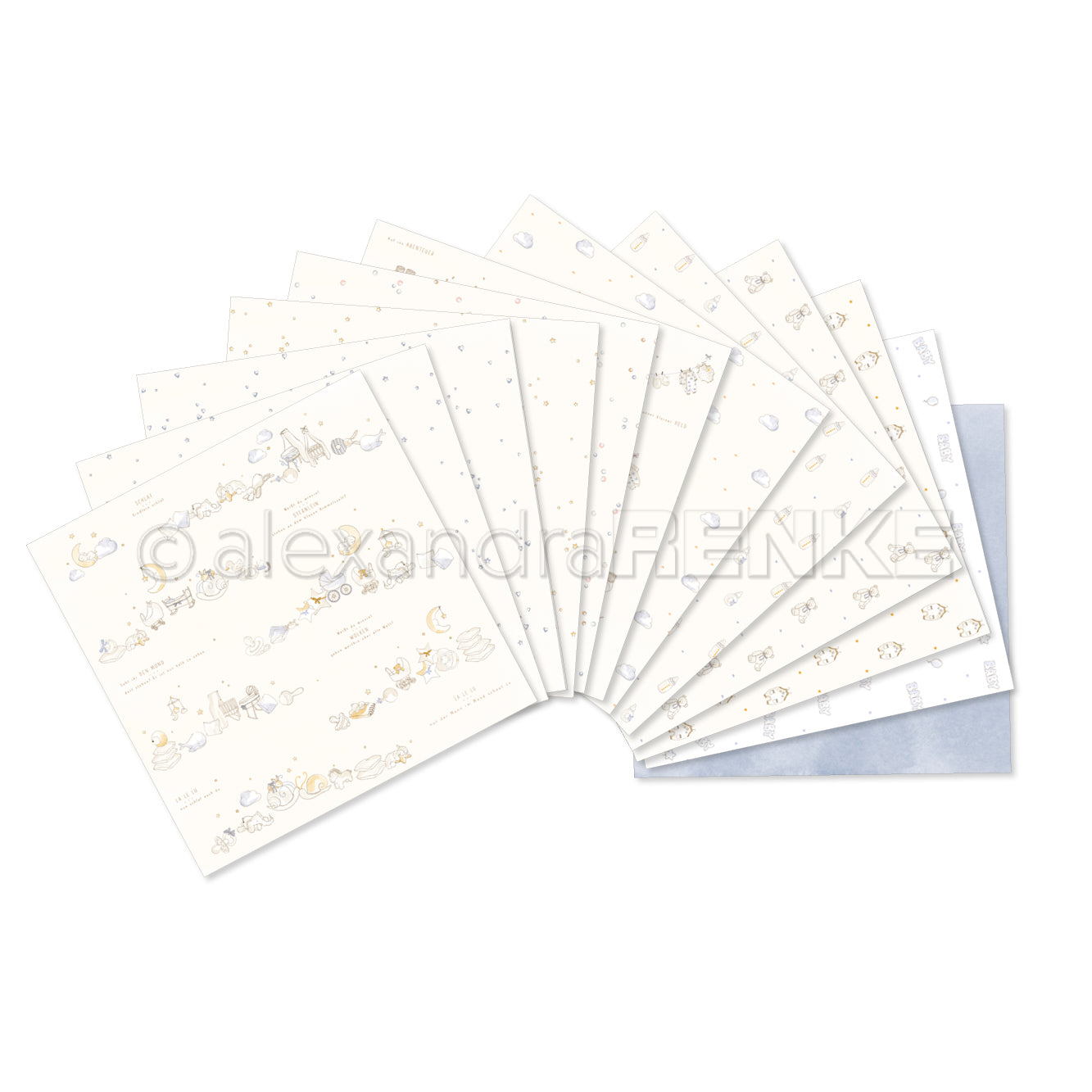 Ein aufgefächerter Stapel cremefarbener illustrierter Papiere mit goldenen und silbernen Akzenten von Alexandra Renke, ideal zur Inspiration oder um Ihrem Kreativitäts-Bundle eine besondere Note zu verleihen.
