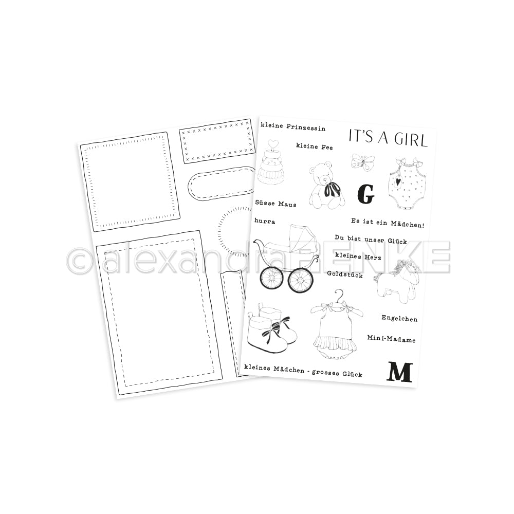 Zwei Bögen aus Alexandra Renkes bezaubernden Kollektionen mit gepunkteten Boxen und niedlichen Babymotiven - Kleider, Kinderwagen, Pferd und "ITS A GIRL"-Text - perfekt, um Kreativität in Ihr nächstes Paket zu bringen!.