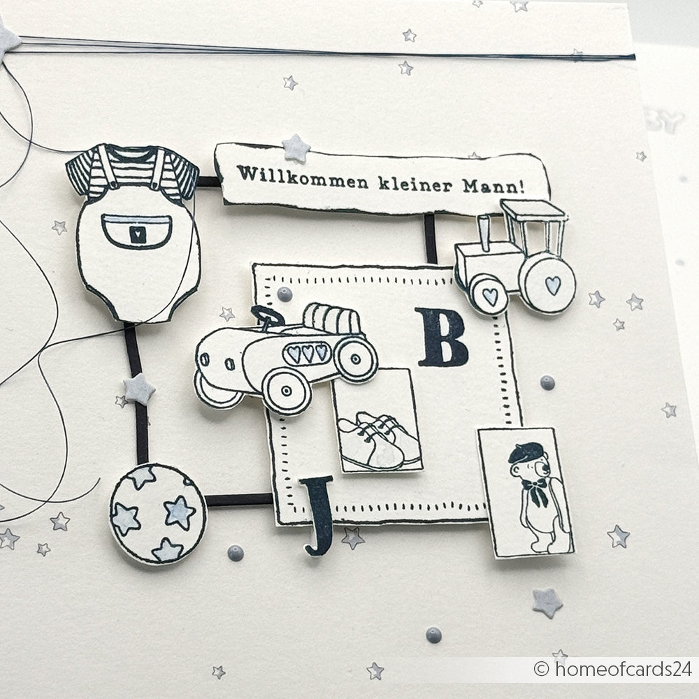 Handgemachte Karte von Alexandra Renke mit Baby-Motiven, deutschem Text und schwarz-weißen Zeichnungen auf weißem Papier - perfekt für besondere Sammlungen und kreative Details.