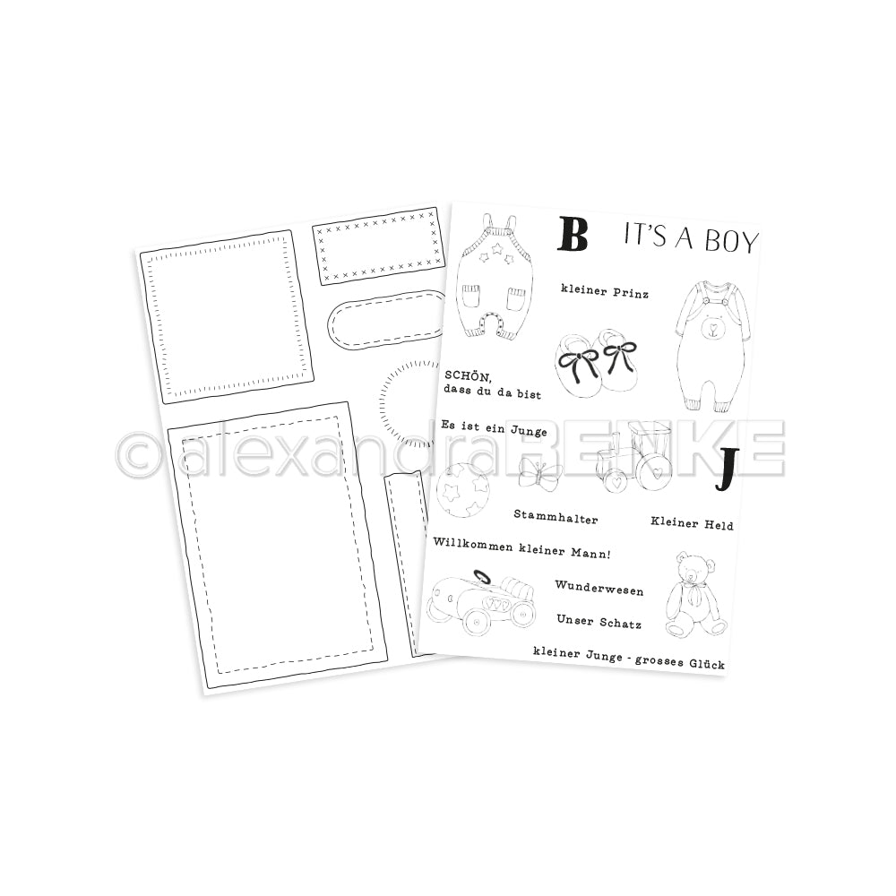 Zwei Alexandra Renke-Bögen mit skizzierten Formen, Tieren und deutschen Texten wie "Es ist ein Junge" sowie charmanten Illustrationen - ideal für kreative Bündel, die die Fantasie anregen.