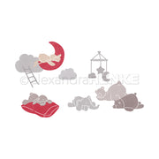 Illustration von schlafenden Tieren und einem Baby auf einem Mond mit Wolken, Kissen und Mobile - perfekt, um die Kreativität anzuregen oder Ihren Sammlungen Charme zu verleihen, von Alexandra Renke.